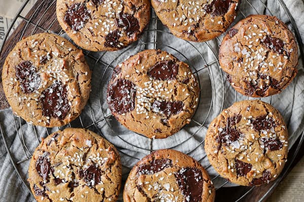 Gluten-free tahini chocolate chip cookies with flaky salt